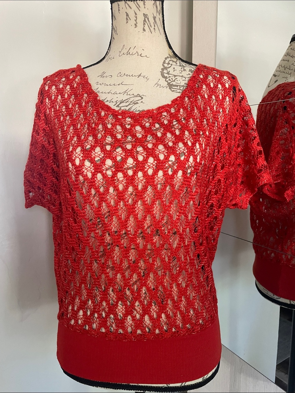 Deb Open-Knit Red/Orange Short Sleeve Layering Top With Silver Foil